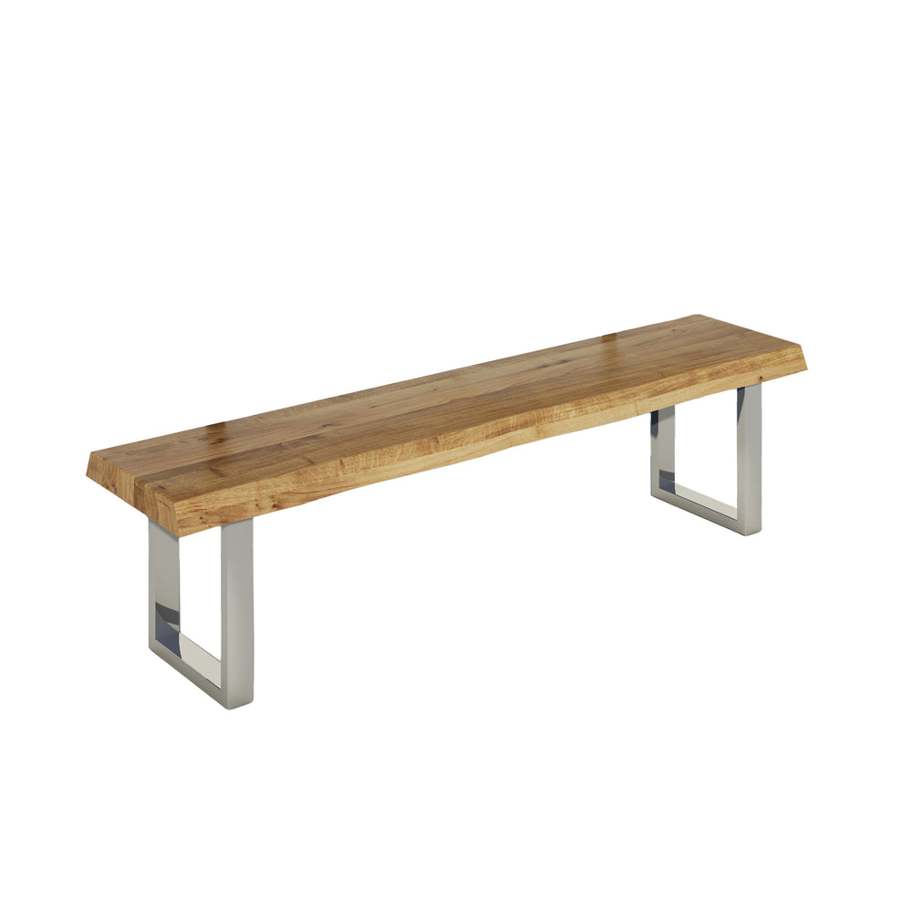 Sitzbank aus Holz mit Metallfuß in Edelstahloptik