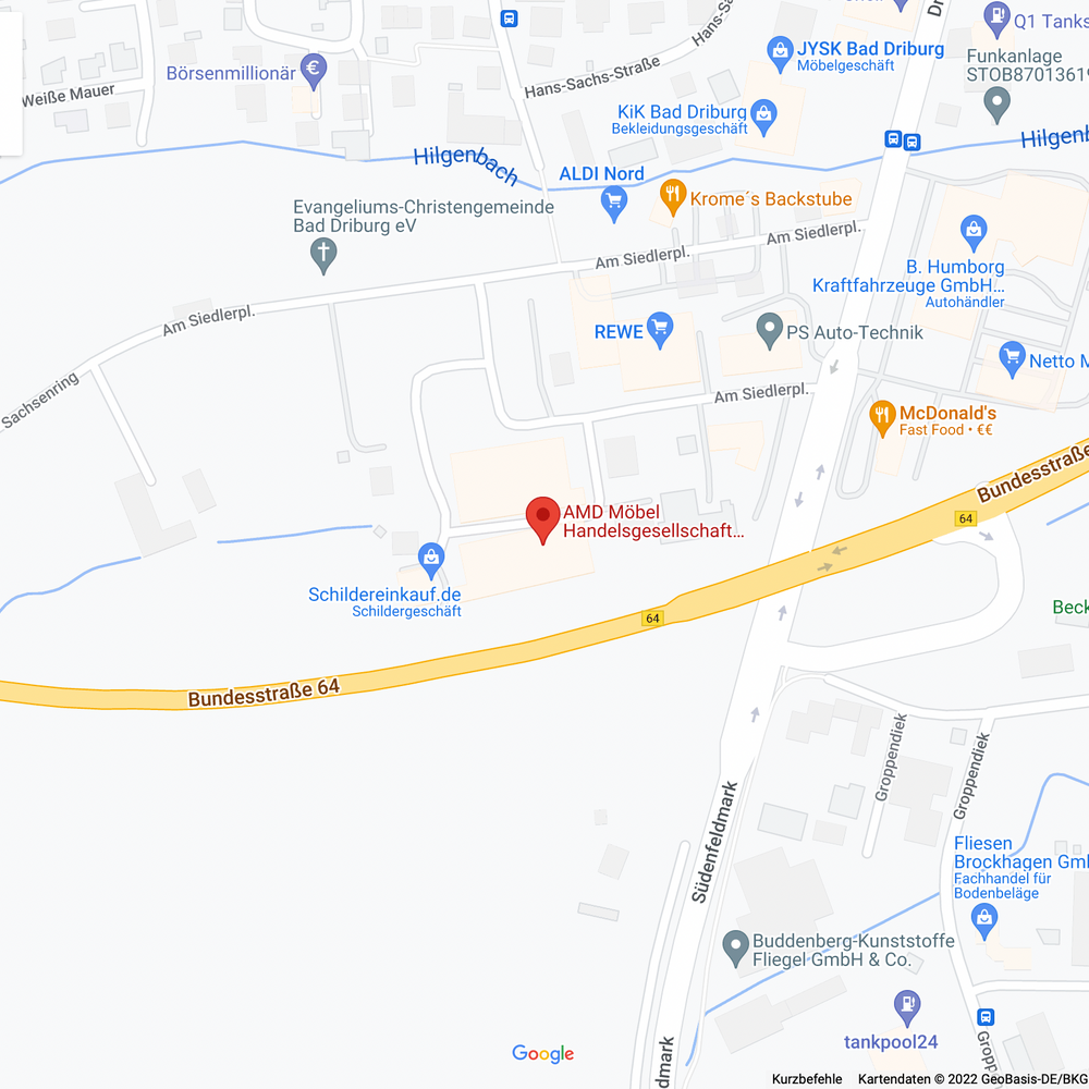 Screenshot von Google Maps, der die genaue Lage des AMD Möbel Stores zeigt