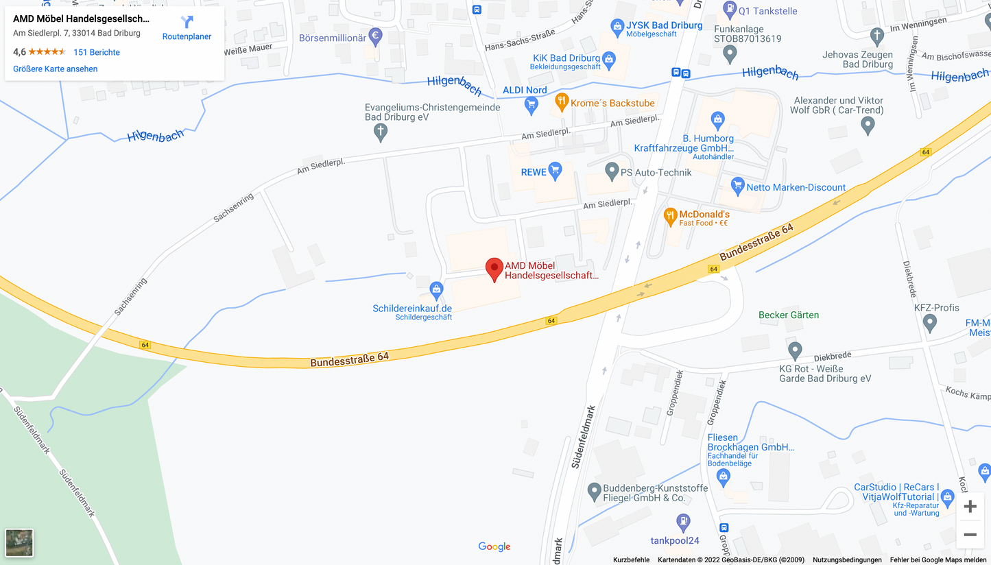 Screenshot von Google Maps, der die genaue Lage des AMD Möbel Stores zeigt