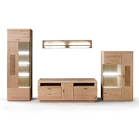 Massive Eiche Wohnwand bestehend aus Vitrine, Wandboard, Lowboard und Highboard 