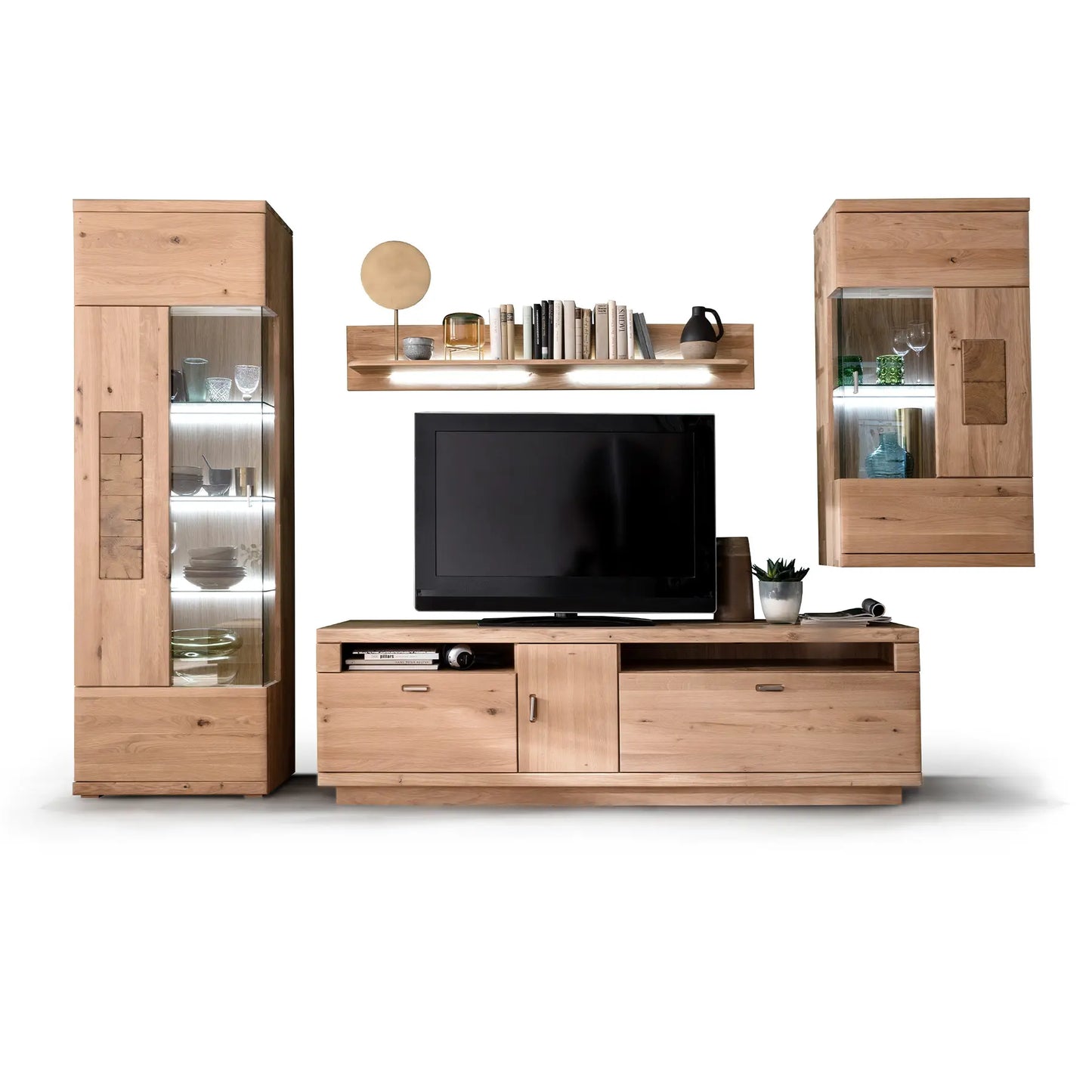 Massive Eiche Wohnwand bestehend aus Vitrine, Wandboard, TV-Element und Hängeschrank