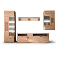Massive Eiche Wohnwand bestehend aus Vitrine, Wandboard, TV-Element und Hängeschrank