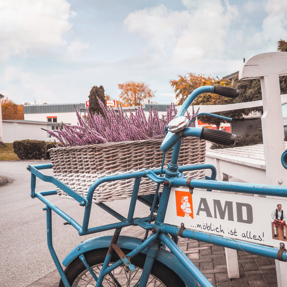 Altes Fahrrad mit AMD Möbel Logo und Lavendel im Korb am Lenker