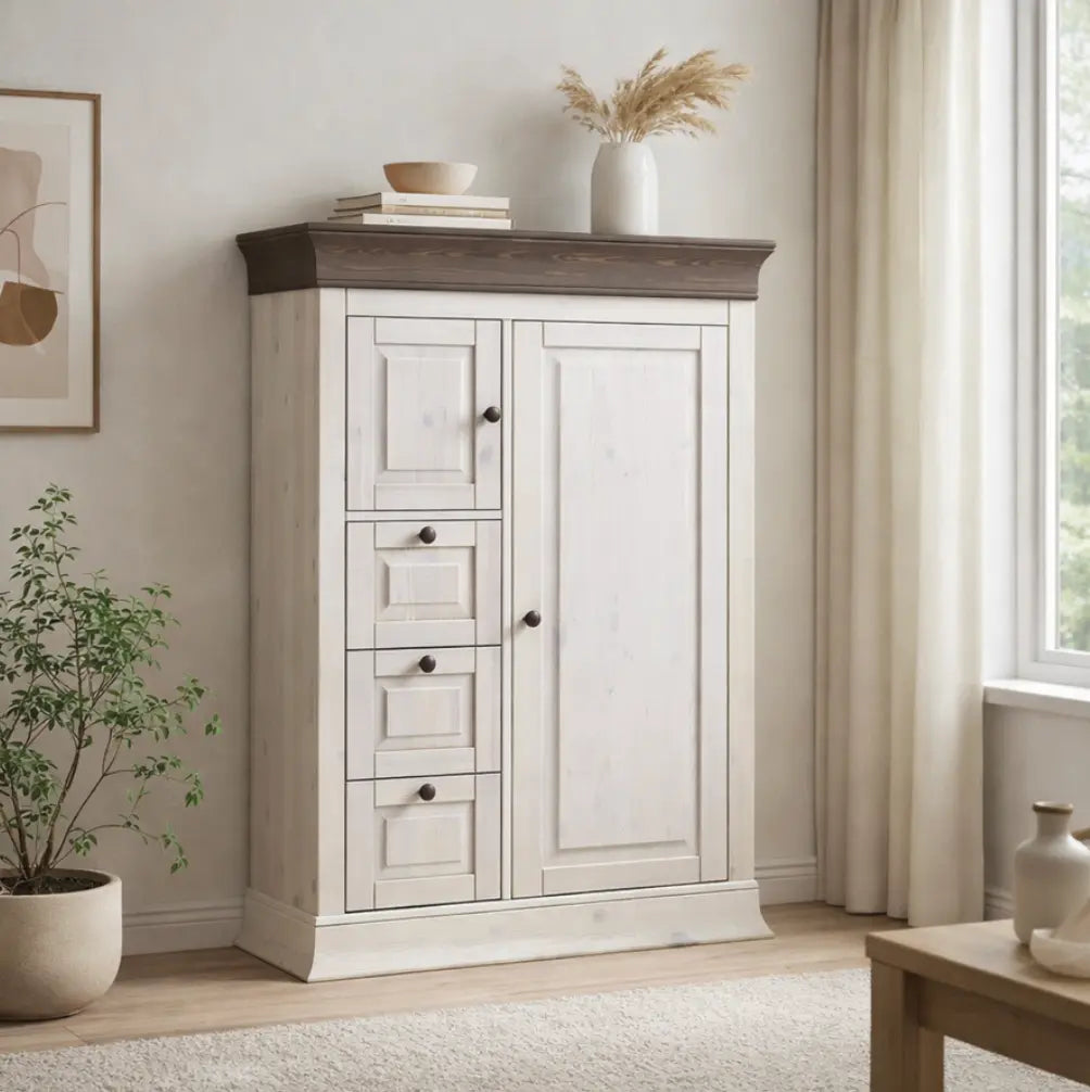 Weißer Holzschrank mit grauem Kranz