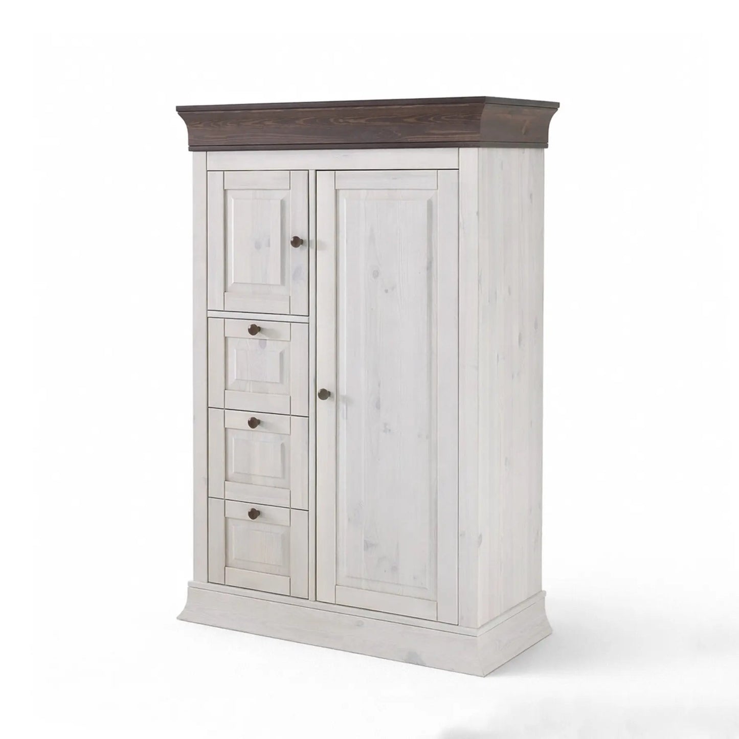 Weißer Holzschrank mit grauem Kranz