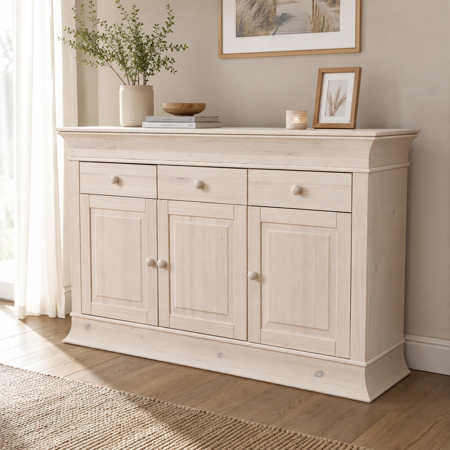 Weißes Sideboard aus Kiefernholz massiv mit drei Türen und drei Schubkästen