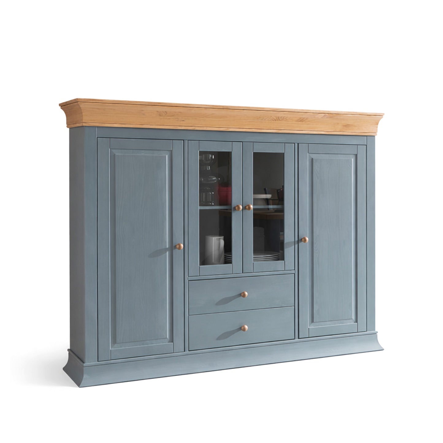 Graues Highboard mit naturfarbenen Details