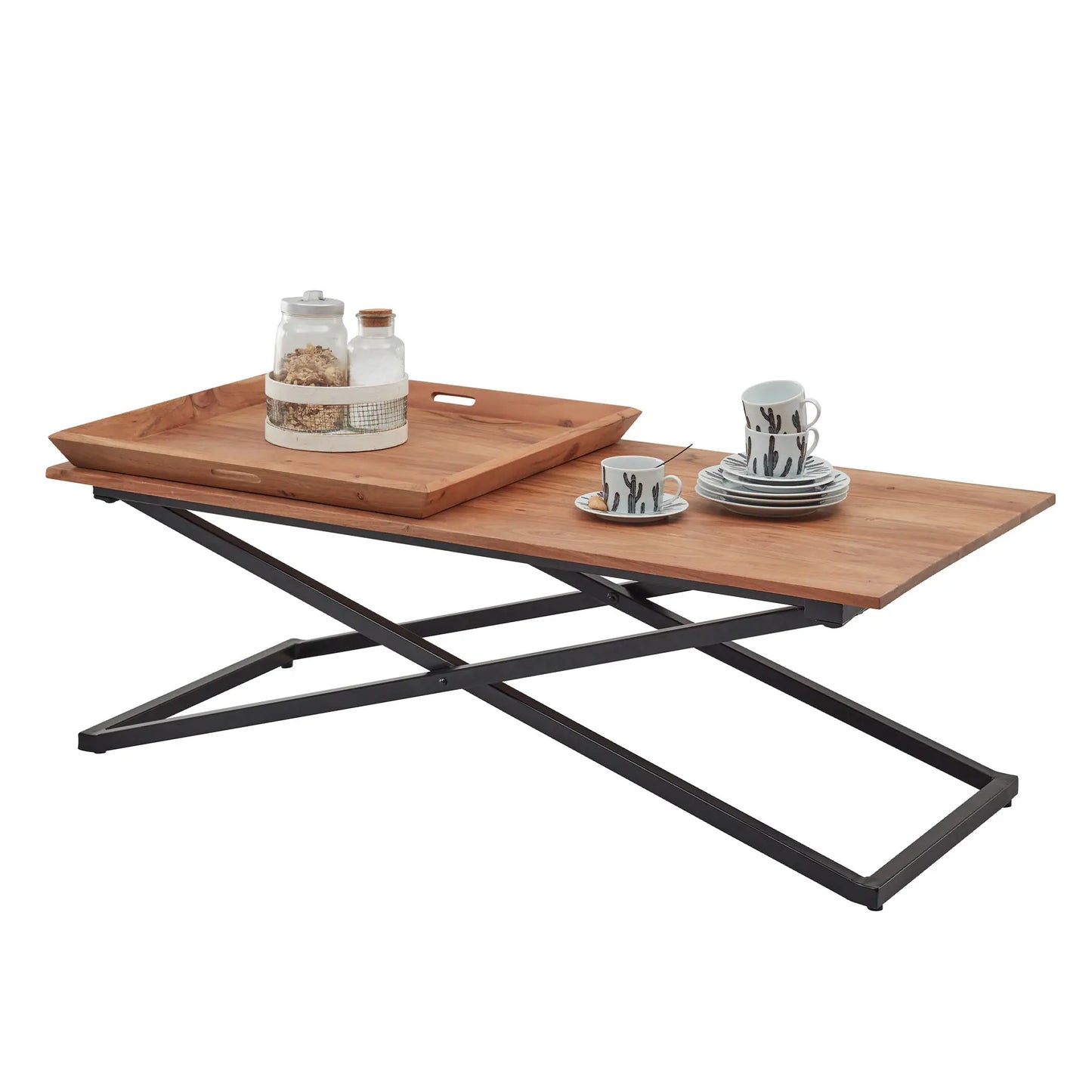 Couchtisch mit Metallgestell und Holzplatte, darauf 2 Tabletts