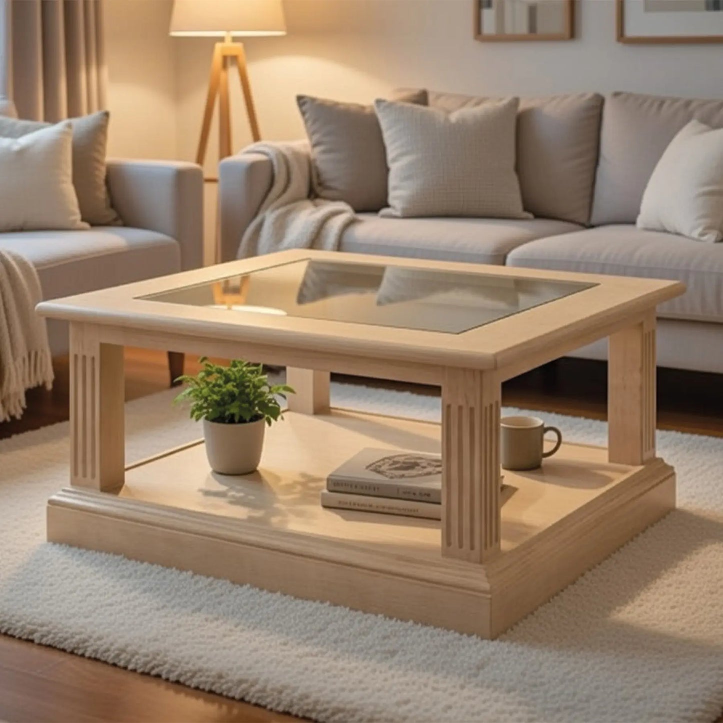 Couchtisch aus massiver Pinie mit Glasplatte