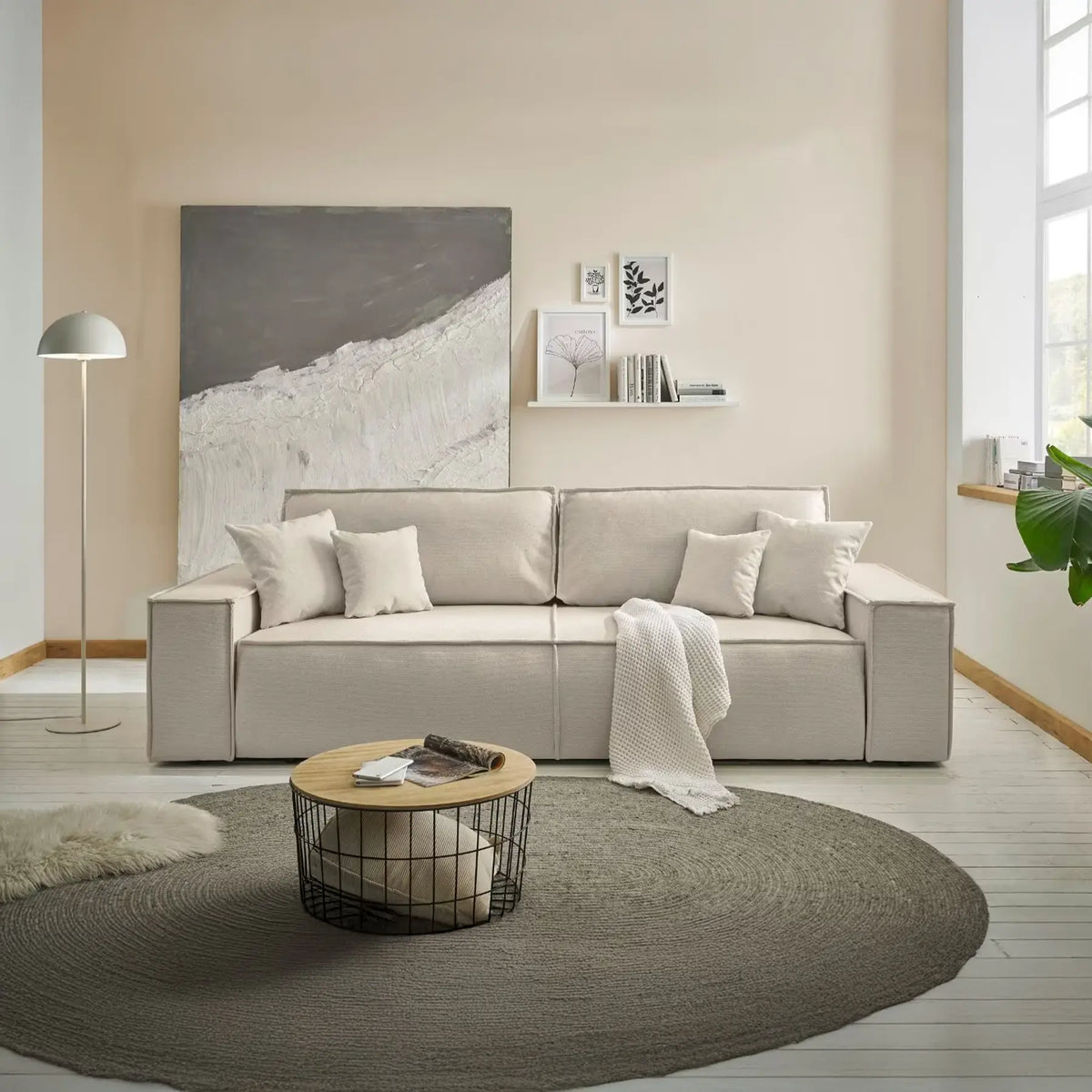Schlafsofa Finnley cremefarben aus Webstoff mit Schlaffunktion – AMD Möbel