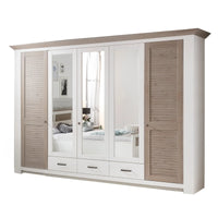 Weißer Kleiderschrank mit zwei Holztüren und 3 Spiegeltüren