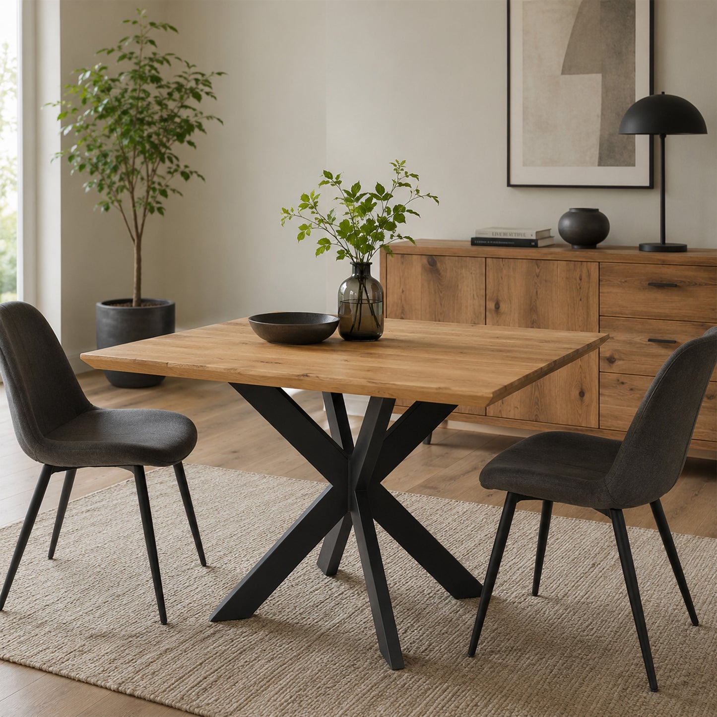 Quadratischer Esstisch mit Holzplatte und schwarzen Metall-Gestell