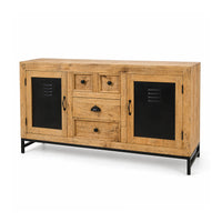sideboard aus massivem mangoholz mit schwarzen metall-elementen