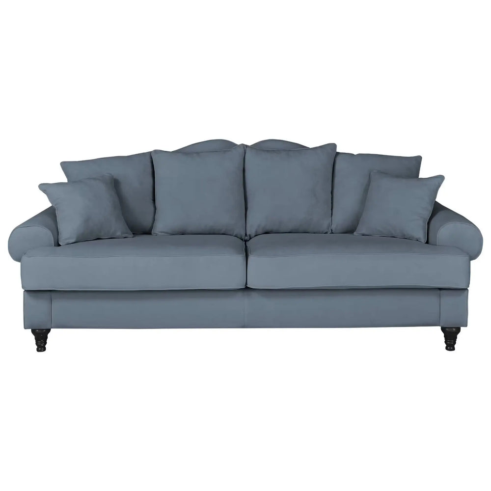 3,5 Sitzer Sofa im Landhausstil mit blauem Bezug und Holzfüßen