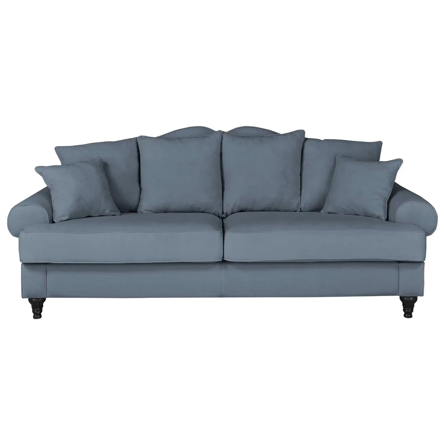 3,5 Sitzer Sofa im Landhausstil mit blauem Bezug und Holzfüßen