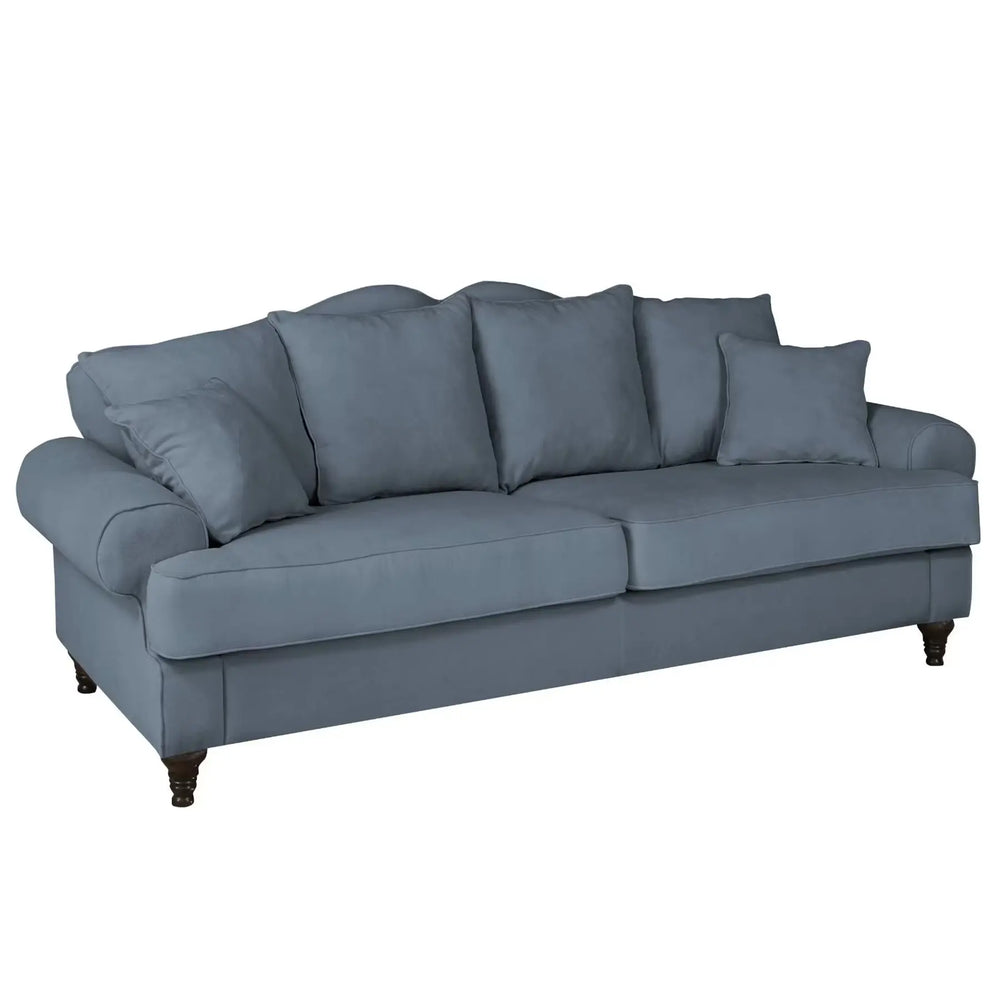 
                  
                    3,5 Sitzer Sofa im Landhausstil mit blauem Bezug und Holzfüßen
                  
                