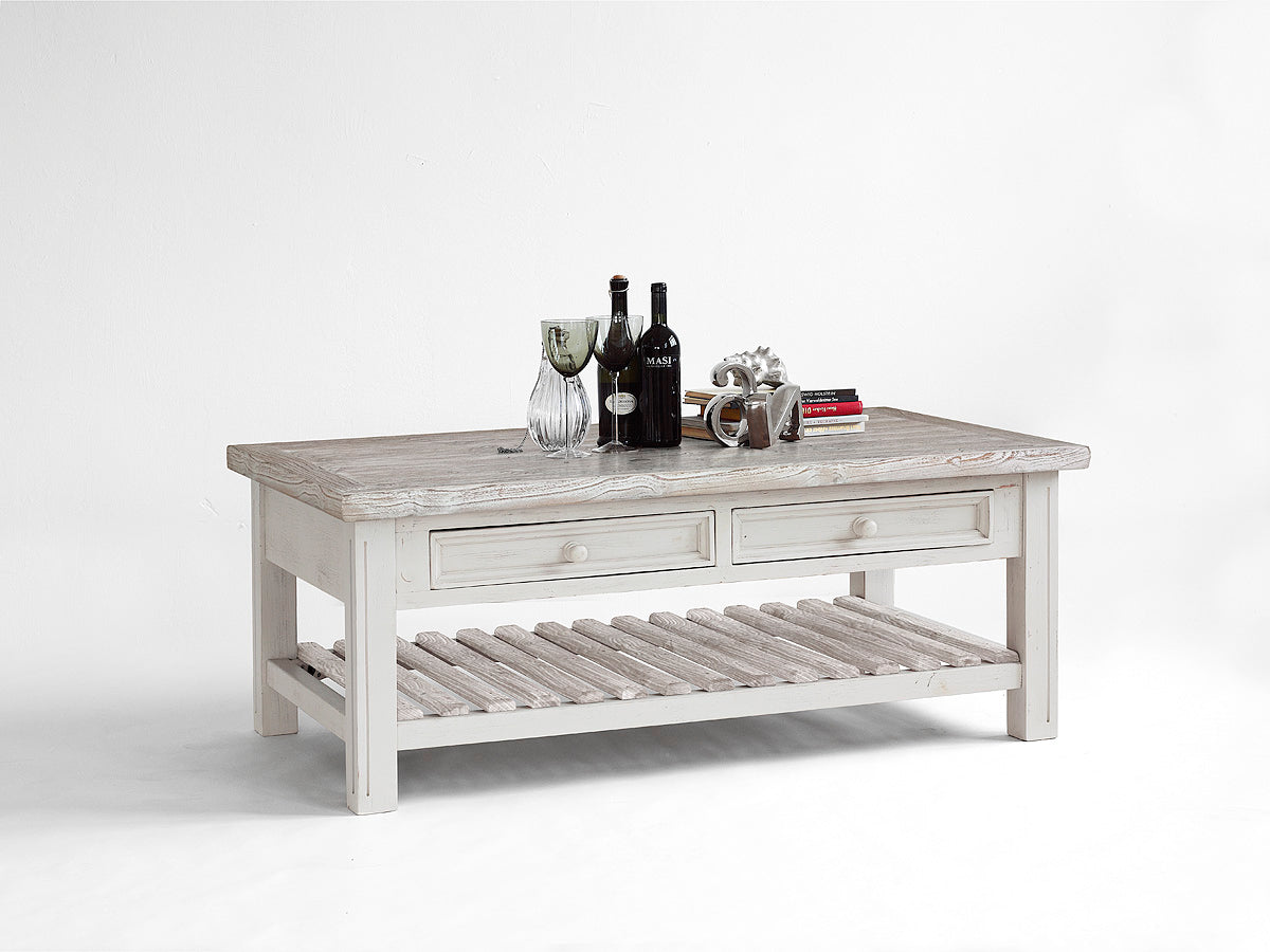 Couchtisch 140 x 80 Kiefer massiv Landhausstil weiss / white sanded