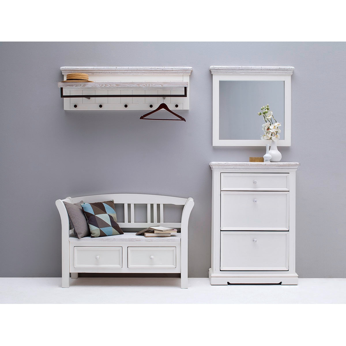 Garderoben Set II Kiefer massiv weiß / white sanded
