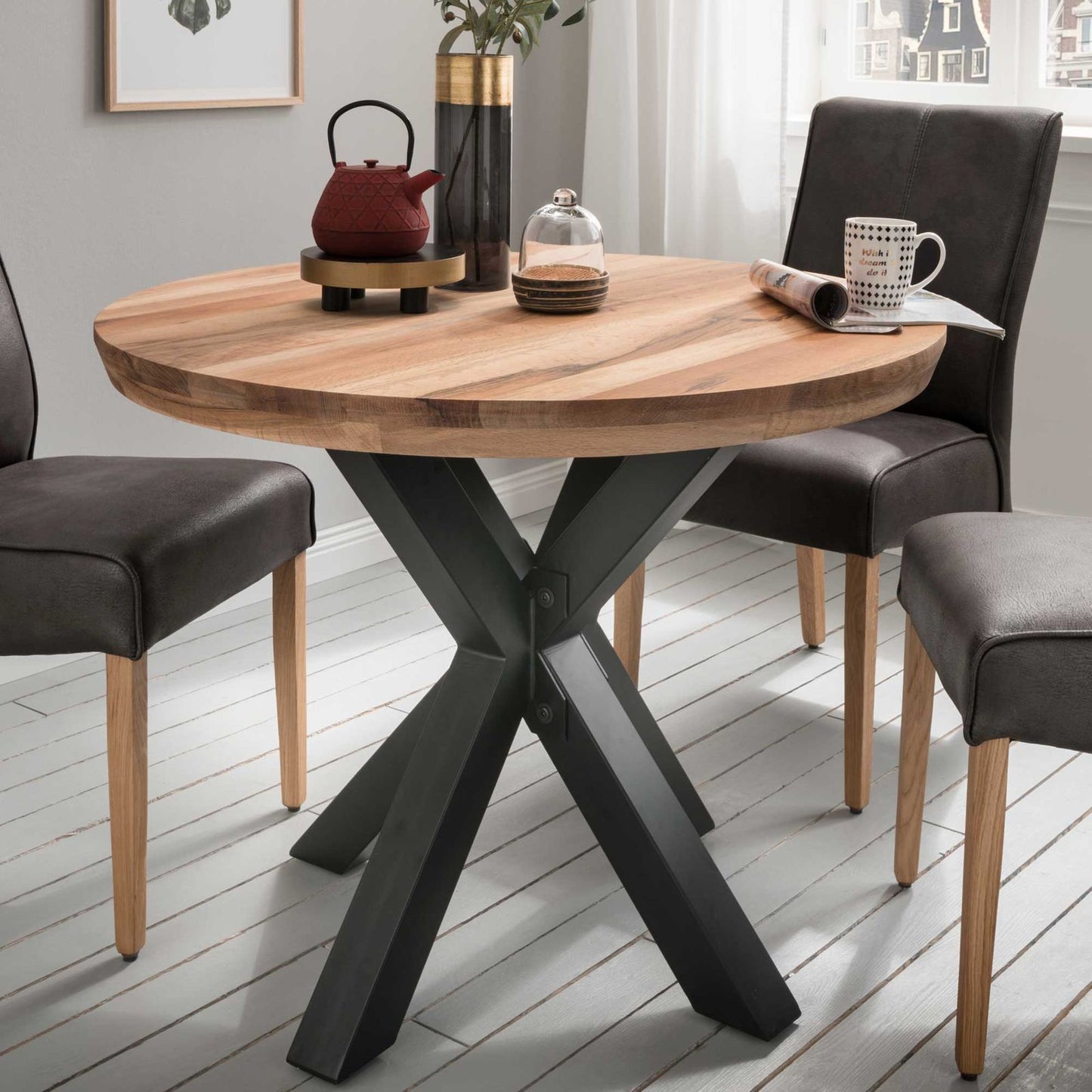 
                  
                    Esstisch 100 cm rund mit Schweizer Kante Wildeiche massiv / Metall Star
                  
                