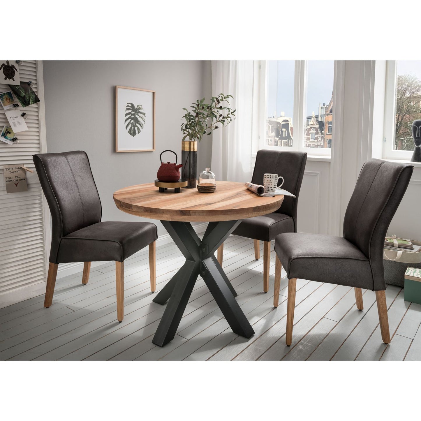 
                  
                    Esstisch 100 cm rund mit Schweizer Kante Wildeiche massiv / Metall Star
                  
                