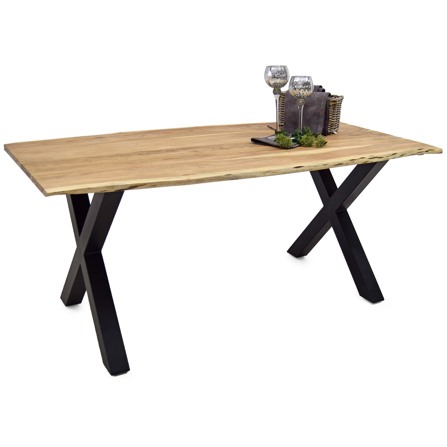 
                  
                    Esstisch 200 x 100 cm Akazie massiv / Metall X-Gestell - Kant
                  
                