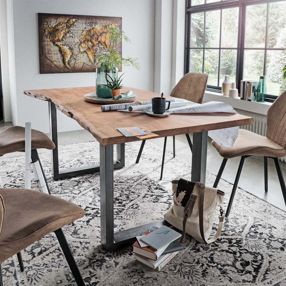 
                  
                    Esstisch 160 x 90 cm Baumkante 25 mm Akazie massiv U-Profil antik - AroX
                  
                
