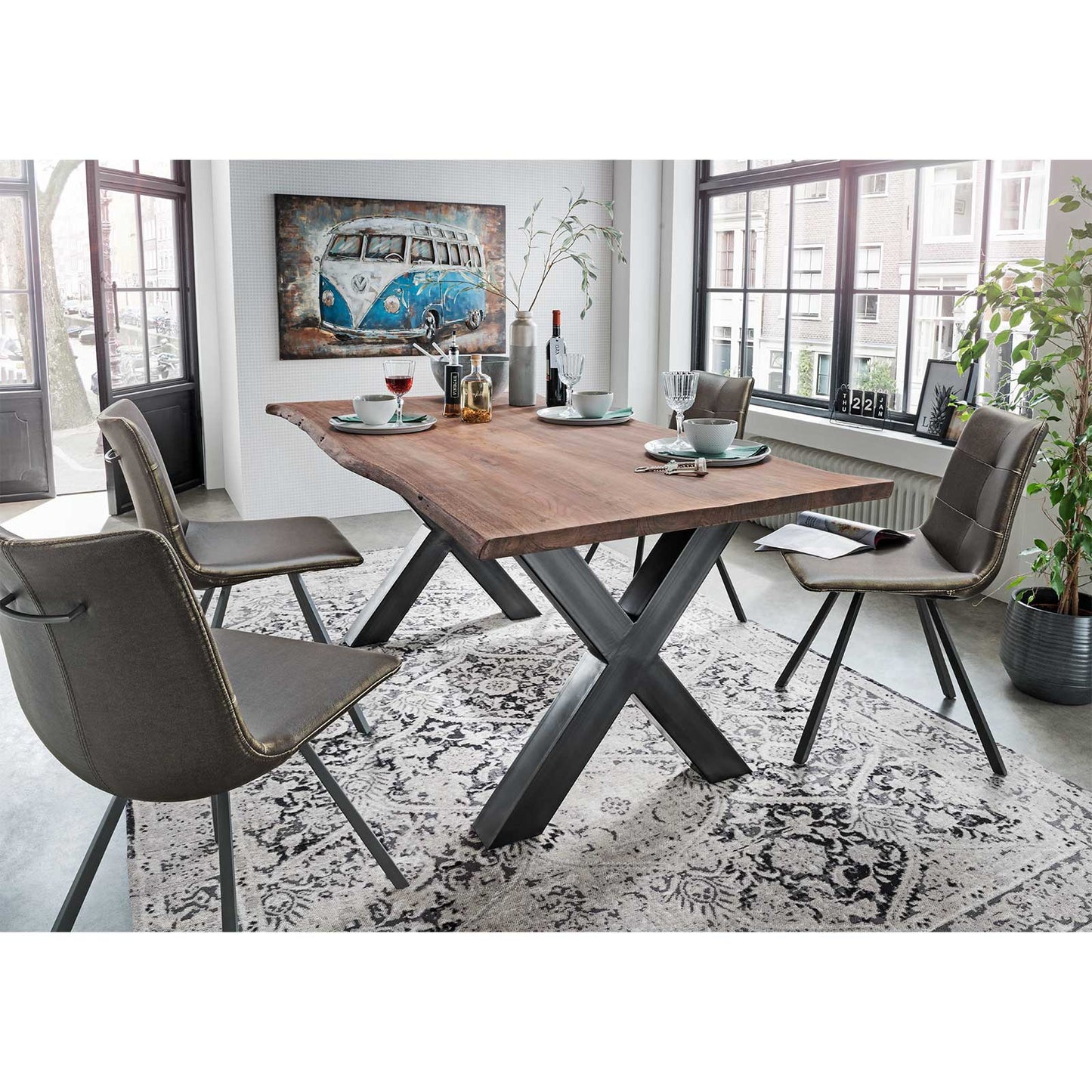 
                  
                    Esstisch 200 x 90 cm Baumkante 25 mm Massivholz  X-Gestell anthrazit - AroX
                  
                