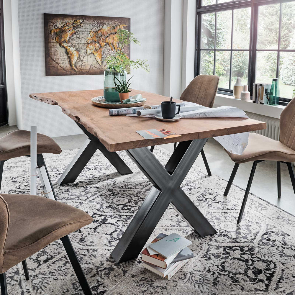 
                  
                    Esstisch 160 x 90 cm Baumkante 35 mm Massivholz X-Gestell anthrazit - AroX
                  
                