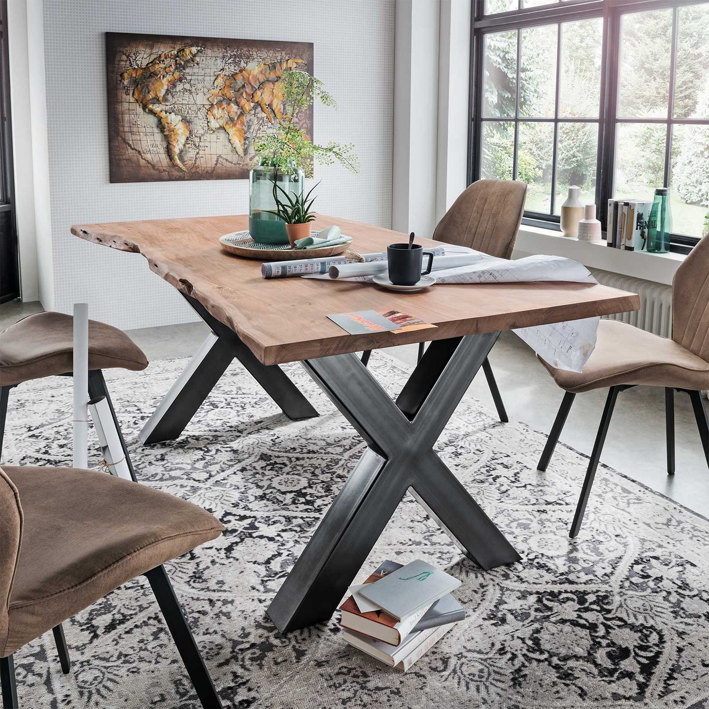 
                  
                    Esstisch 160 x 90 cm Baumkante 35 mm Massivholz X-Gestell anthrazit - AroX
                  
                