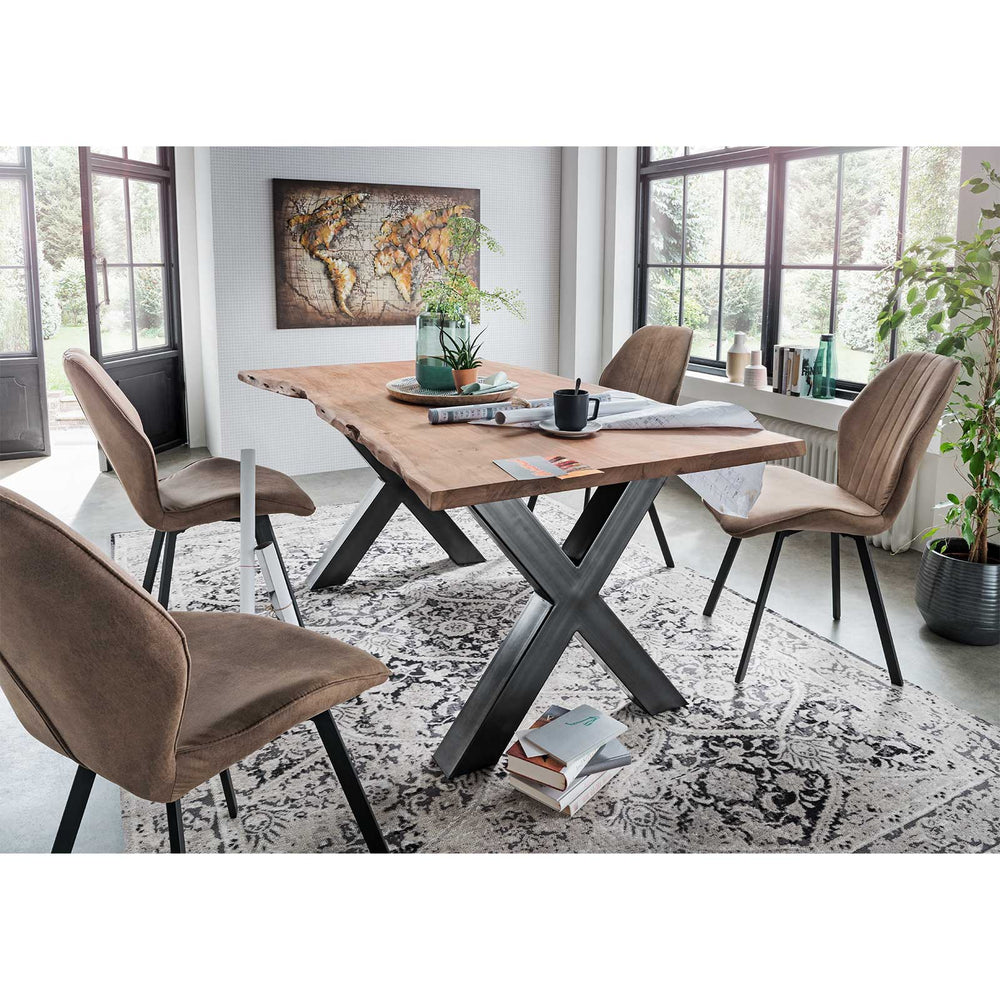 
                  
                    Esstisch 200 x 90 cm Baumkante 35 mm Massivholz X-Gestell antik - AroX
                  
                