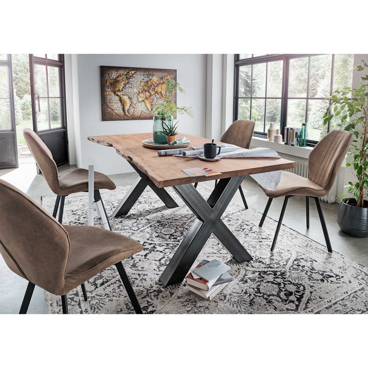 
                  
                    Esstisch 200 x 90 cm Baumkante 35 mm Massivholz X-Gestell antik - AroX
                  
                