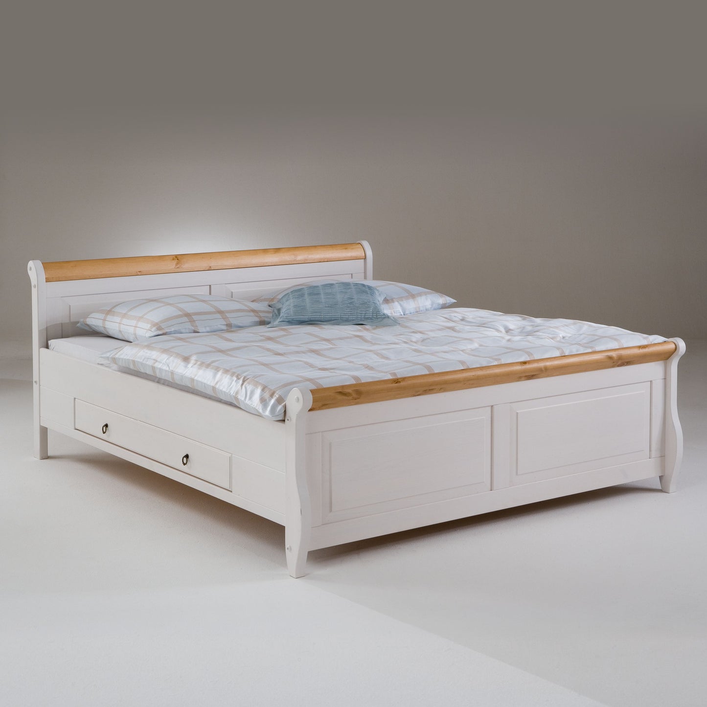 
                  
                    Malta Bett Kiefer massiv 160 x 200 cm weiß antik Schubkästen
                  
                