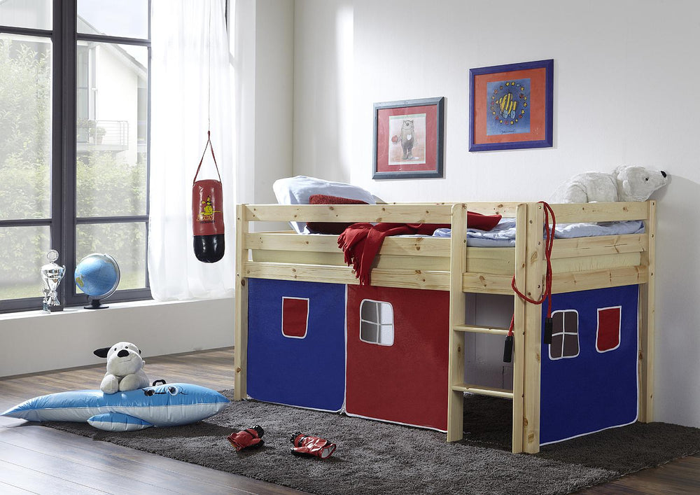 Martin Hochbett Kinderbett Bett mit Leiter und Vorhang  blau / rot Kiefer massiv - 9814-Martin-V-01