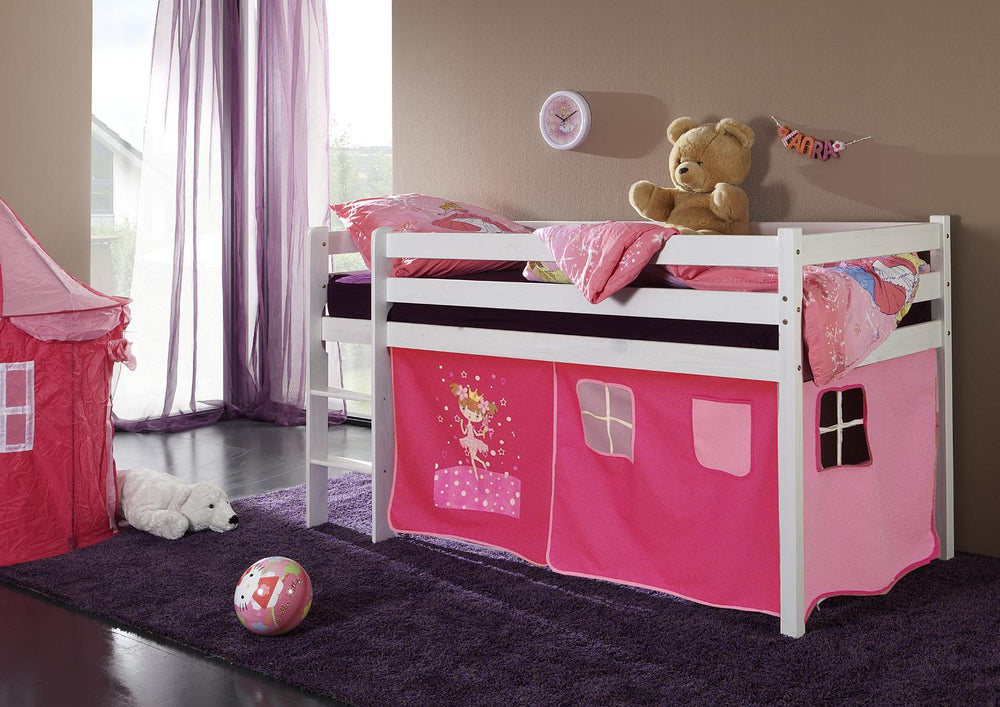 Martin Hochbett Kinderbett Bett mit Leiter und Vorhang pink Motiv Zauberfee  Kiefer massiv weiß - 9814-Martin-W-V-11